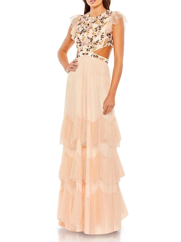 Markdowns Womens Embroidered Cut-Out Evening Dress