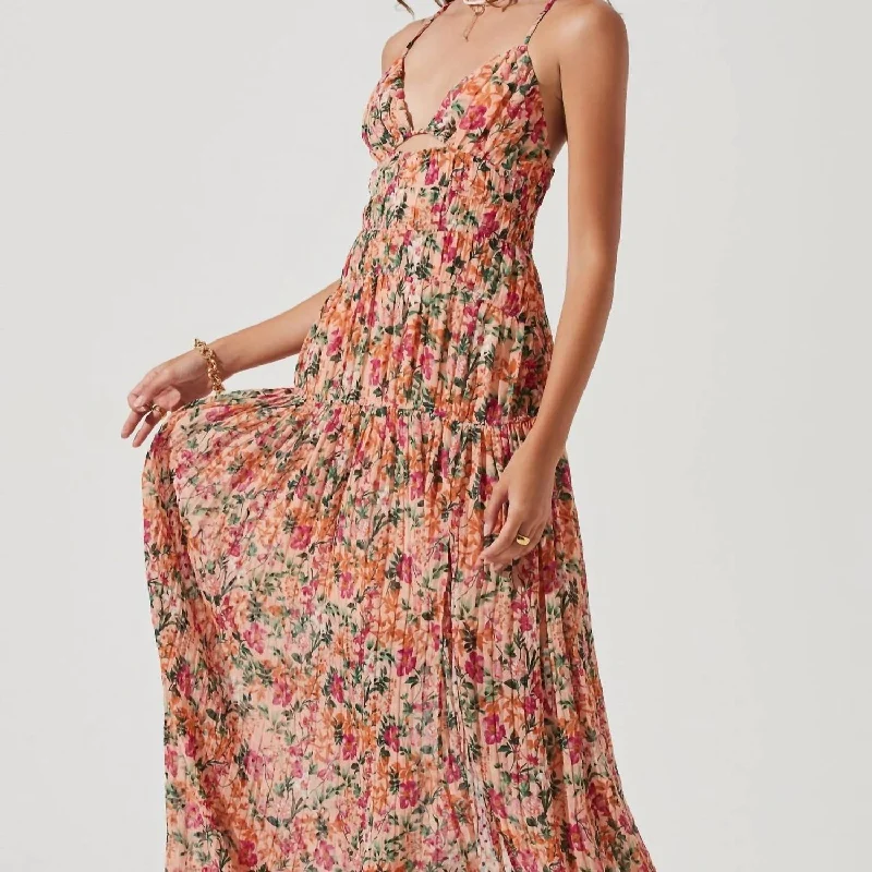 Inventory Reduction Tropics Plunge Neck Open Back Maxi Dress In Peach Fuchsia Floral