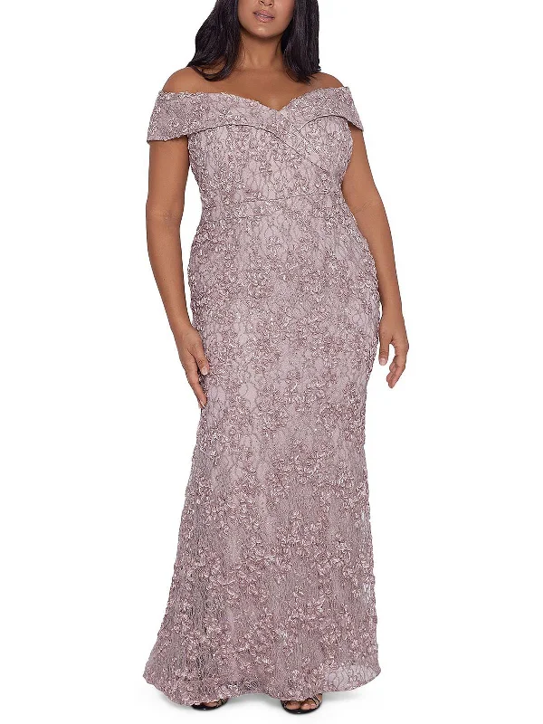 Best Seller Plus Womens Sequined Lace Overlay Evening Dress
