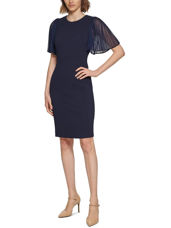Now or Never Womens Pleated Sleeves Round Neck Sheath Dress
