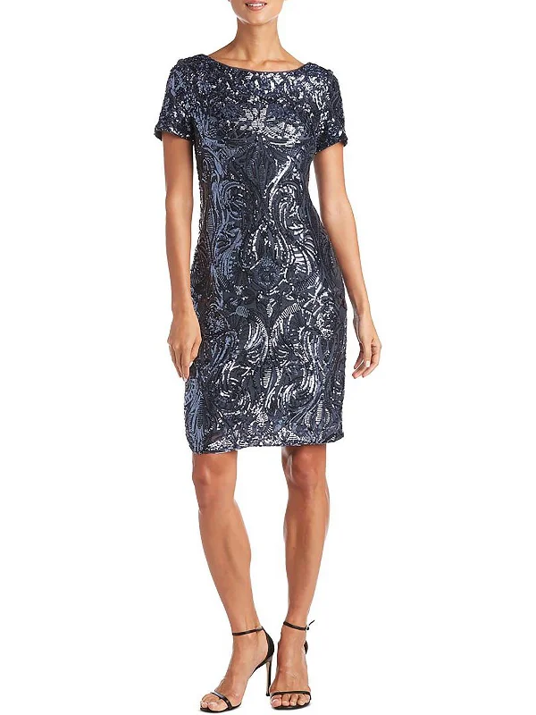 Discount Extravaganza Petites Womens Sequins V Back Cocktail and Party Dress
