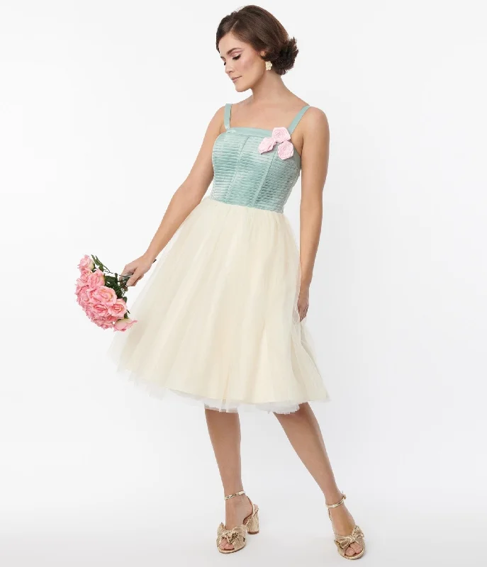 Epic Deals Unique Vintage Sage & Ivory Tulle Swing Dress