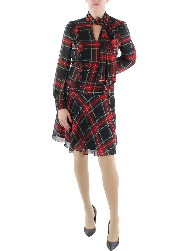 Holiday Sale Womens Tartan Plaid Drop-Waist Wear to Work Dress