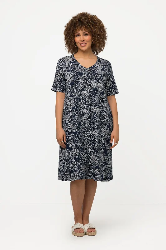 Huge Discounts Black Monstera Print Short Sleeve Midi Dress