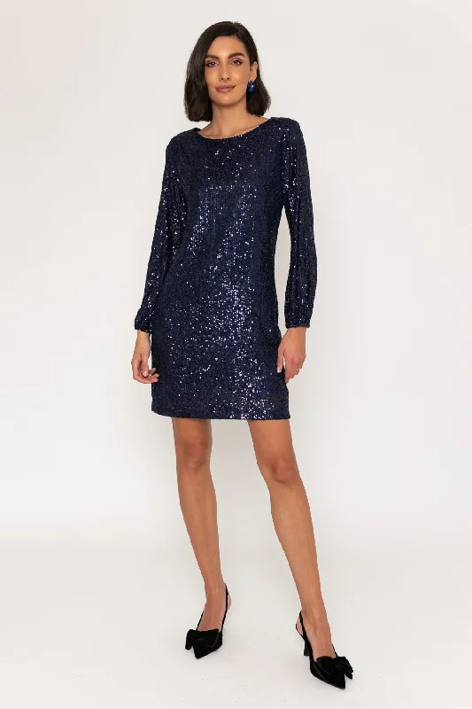 Big Discounts Long Sleeve Sequin Shift Mini Dress in Blue
