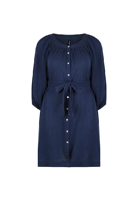 Best Deals Navy Cheesecloth Button Through Dress