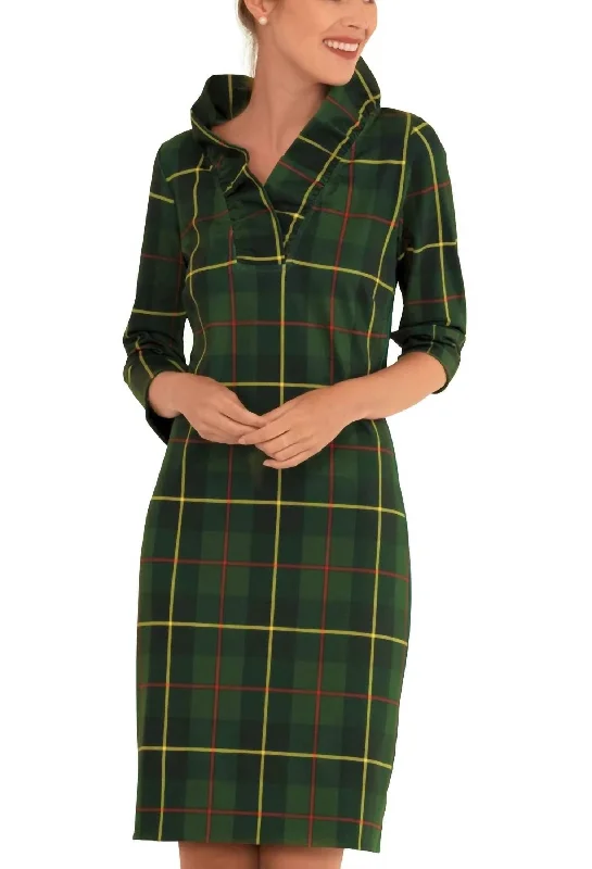 Super Sale Plaidly Cooper Ruff Neck Dress In Green Multi