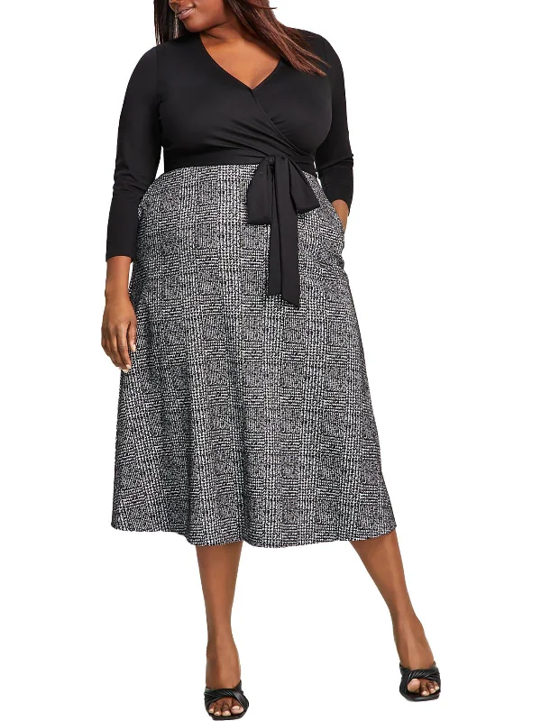 Stock Clearance Plus Womens V Neck Belted Midi Dress