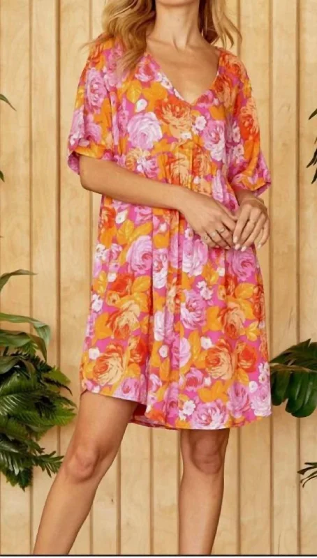 Act Fast Floral Babydoll Dress In Pink, Orange And Purple