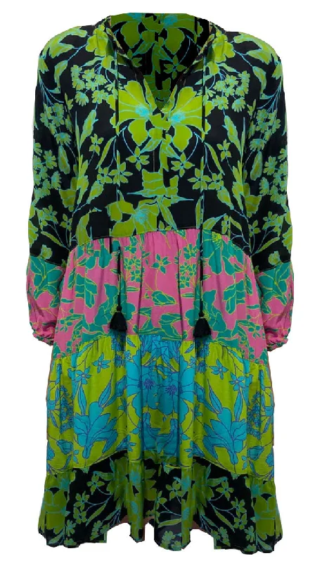 Final Clearance Johnny Was Women Miramar Split Neck Long Sleeve Tiered Mini Dress Multi