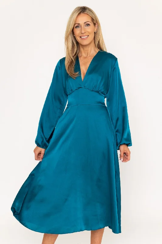 Exclusive Deal Long Sleeve Teal Veronica Midi Dress