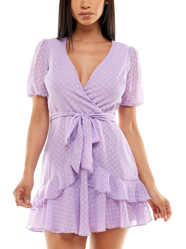 Buy Now Juniors Womens Ruffled Plunge-Neck Fit & Flare Dress