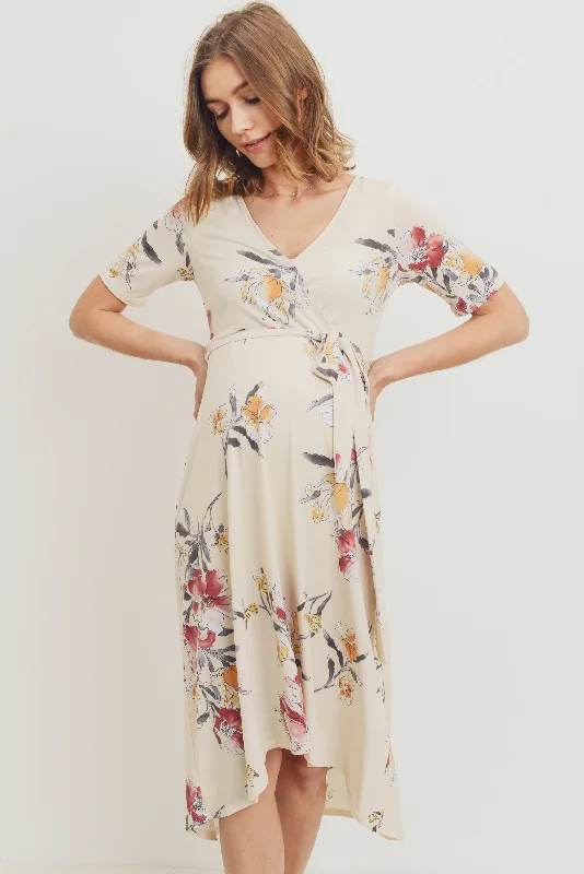 Act Fast Cream Floral Surplice High-Low Maternity/Nursing Dress