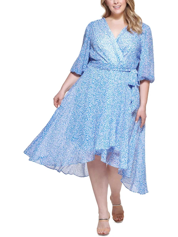New Deals Plus Womens Chiffon Printed Fit & Flare Dress