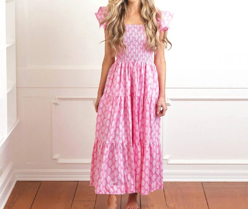 Bargain Prices Block Print Smocked House Dress In Pink & White