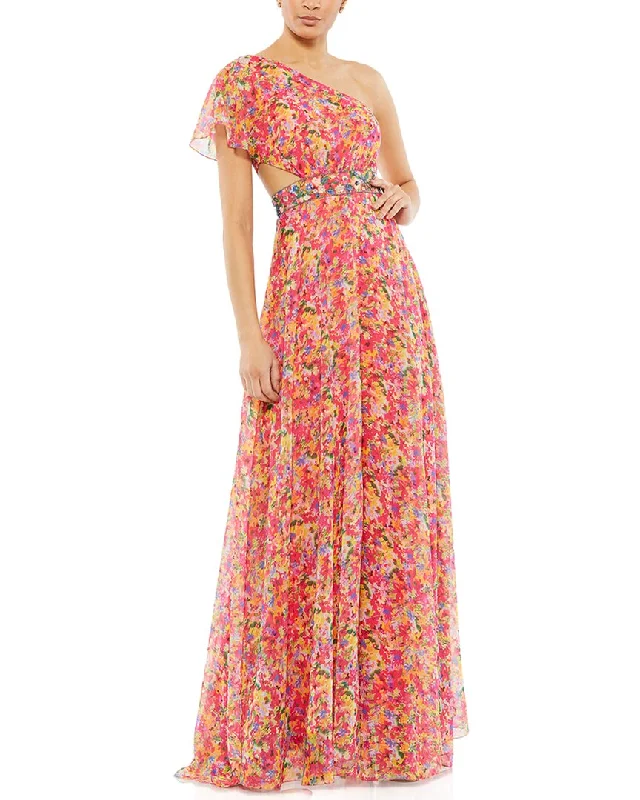 Online Only Mac Duggal Floral Print One Shoulder Butterfly Sleeve A-Line