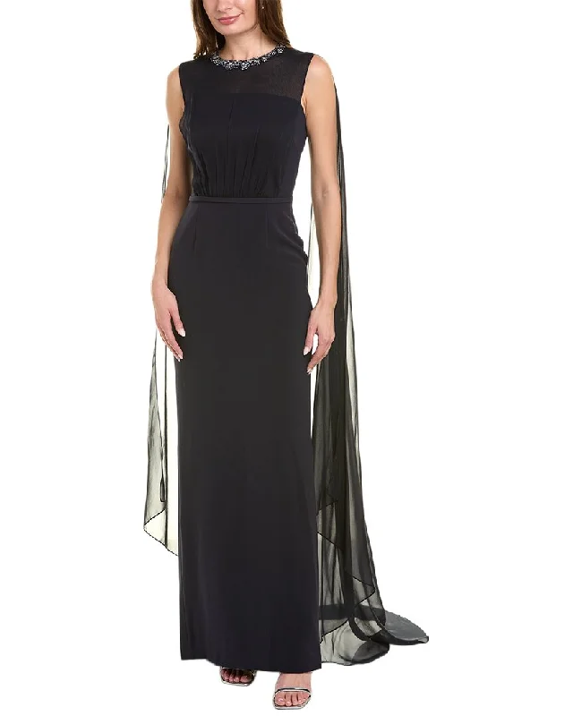 New Deals Teri Jon by Rickie Freeman Chiffon Silk-Trim Cape Gown