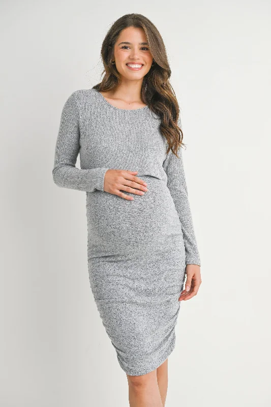 Exclusive Online Offer Ribbed Double Layer Long Sleeve Side Ruched Maternity Nursing Friendly Dress