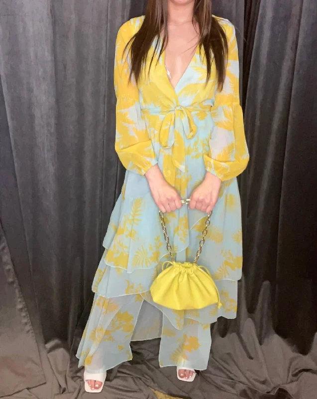 Extra Discounts Long Sleeve Print Maxi Dress In Yellow