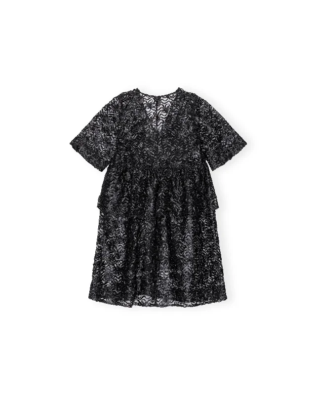 Price Cut Ribbon Tulle Flounce Midi Dress- Black