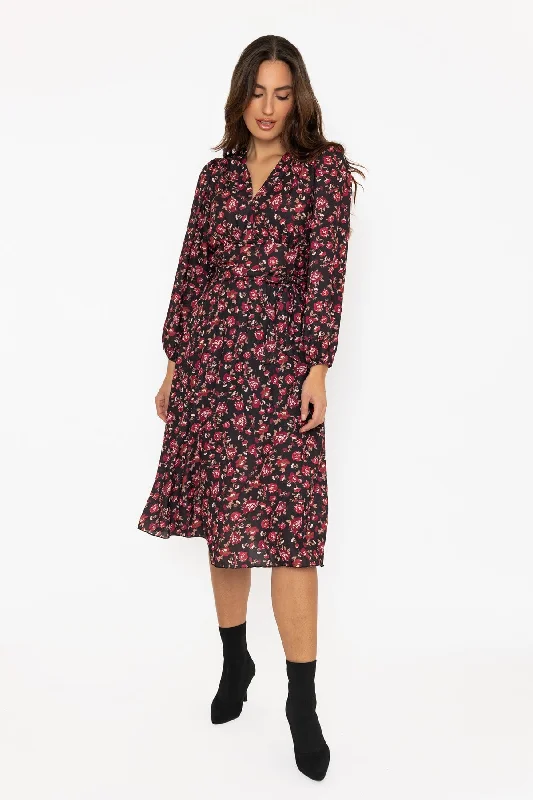 Year-End Sale Black & Red Floral Print Sinead Midi Dress