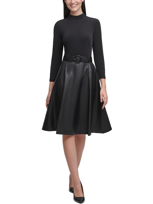 Take Advantage Womens Faux Leather Mock-Neck Fit & Flare Dress