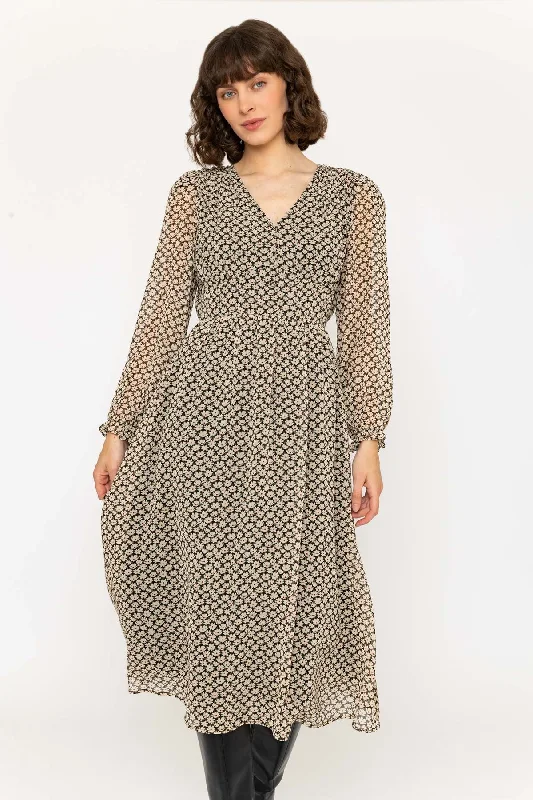 Overstock Long Sleeve Black Floral Georgina Midi Dress