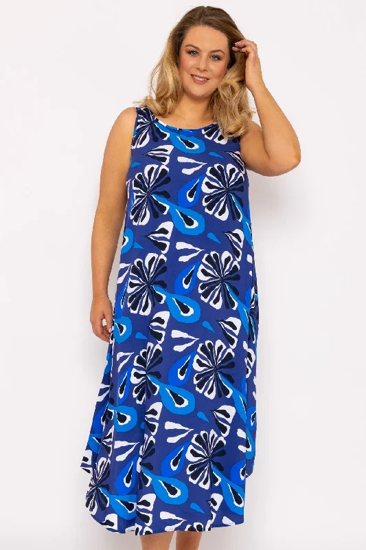 Deal of the Day A-Line Midi Dress in Blue Print