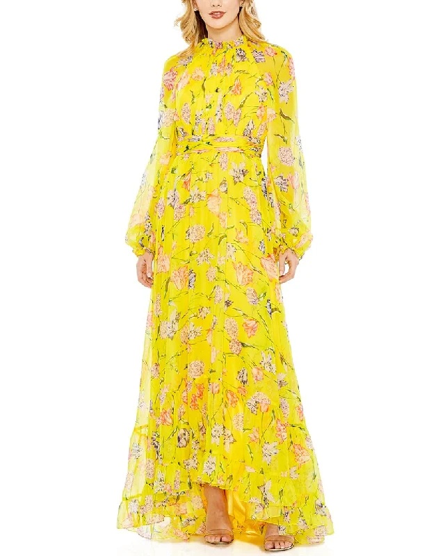 Special Price Mac Duggal Floral Print Chiffon Ruched Raglan Sleeve Gown