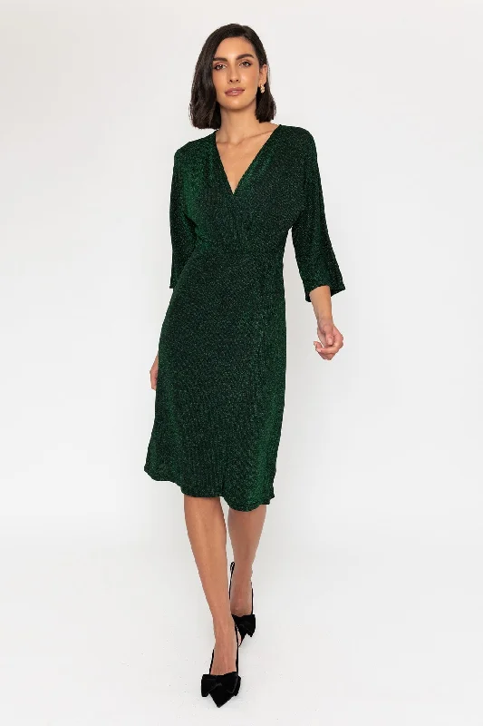 Deal Dash 3/4 Sleeve Lurex Wrap Knee Length Dress in Green