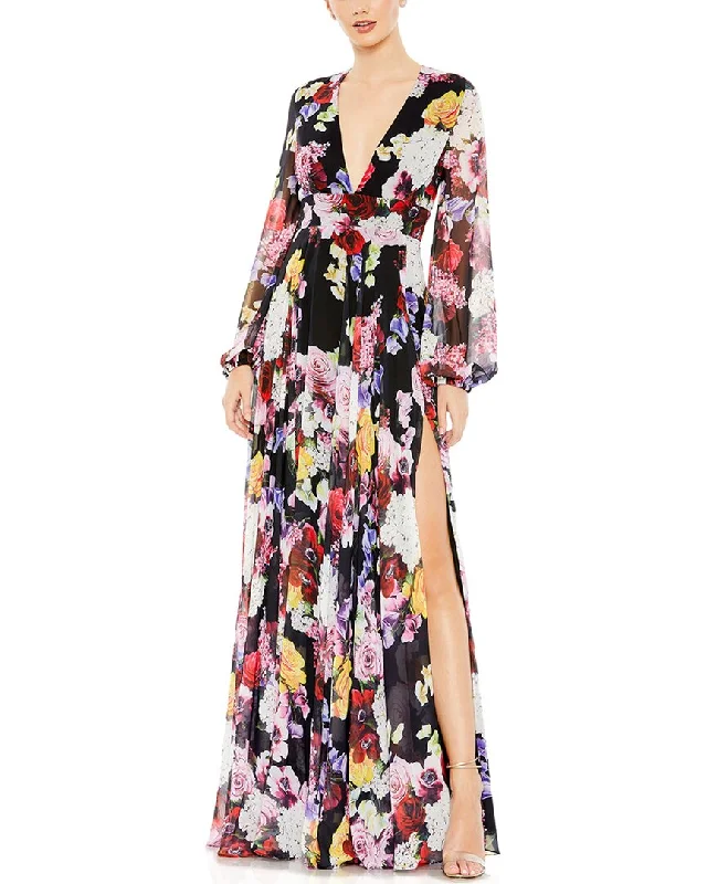 YEAR-End Clearance Mac Duggal Floral Print Illusion V Neck Gown