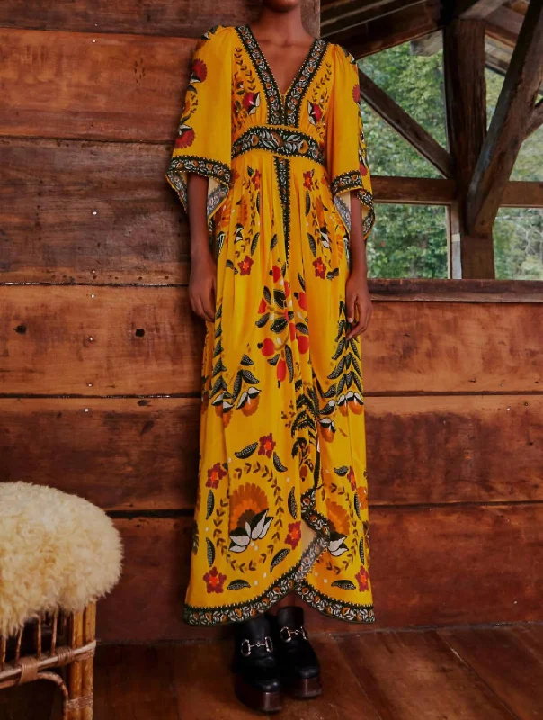 Flash Deals Tropical Tapestry Kaftan Dress In Yellow