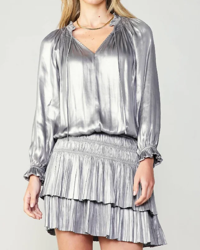 Instant Discount Pleated Long Sleeve Mini Dress In Silver