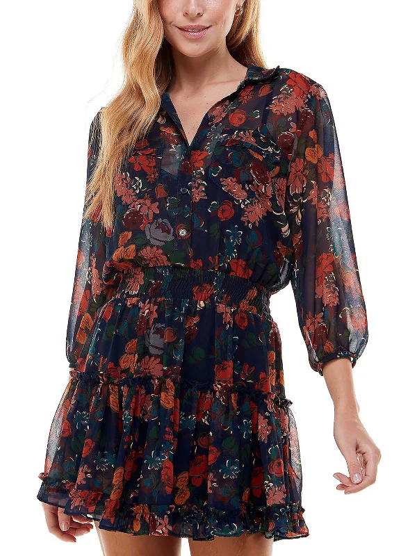 Price Break Juniors Womens Chiffon Floral Shirtdress