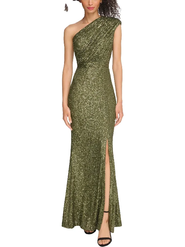 Can't Miss Petites Womens Sequined One Shoulder Evening Dress