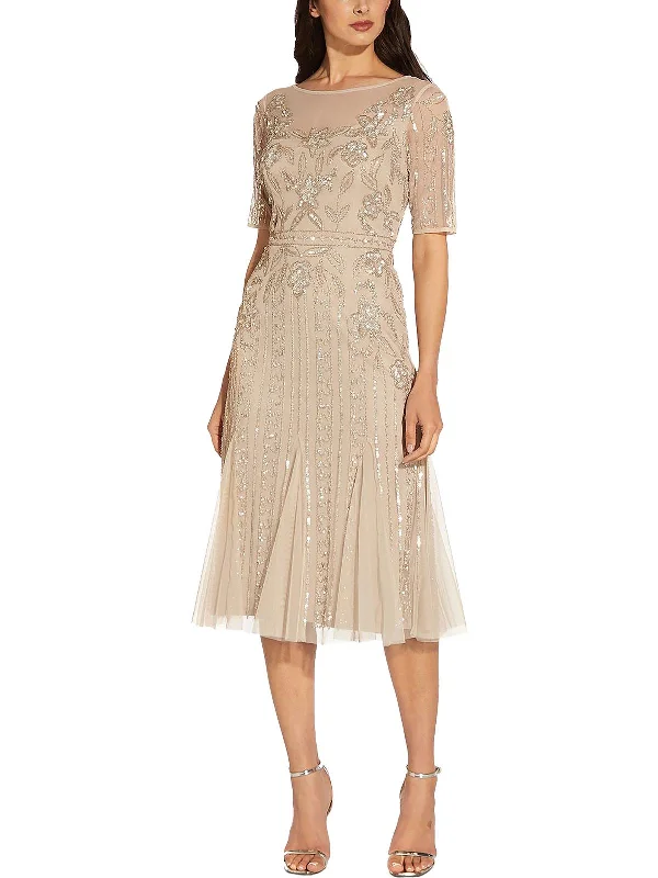 Seasonal Sale Womens Beaded Midi Cocktail and Party Dress