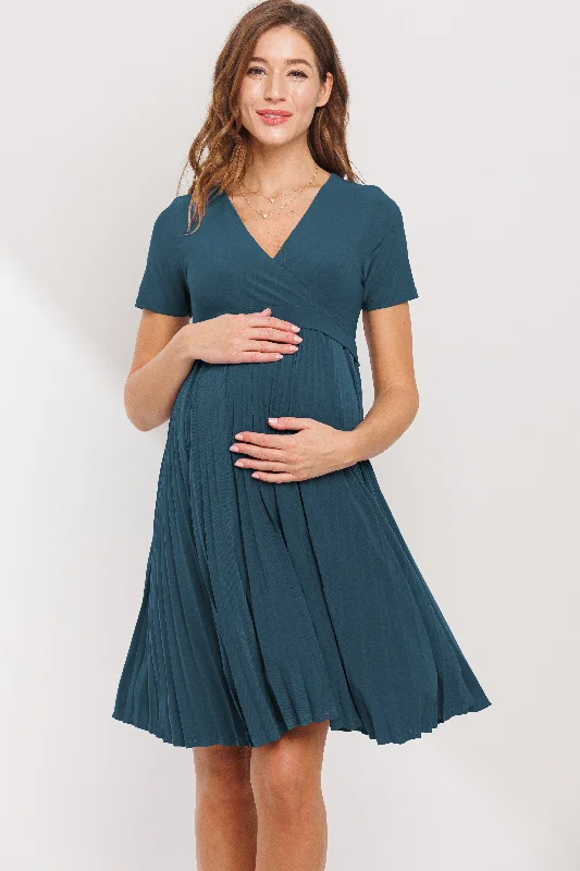 Warehouse Sale Pleated V-Neck Short Sleeve Maternity Dress