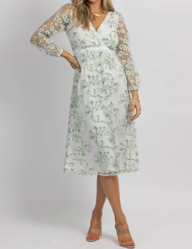 Quick Sale Embroidered Longsleeve Midi Dress In White Mesh
