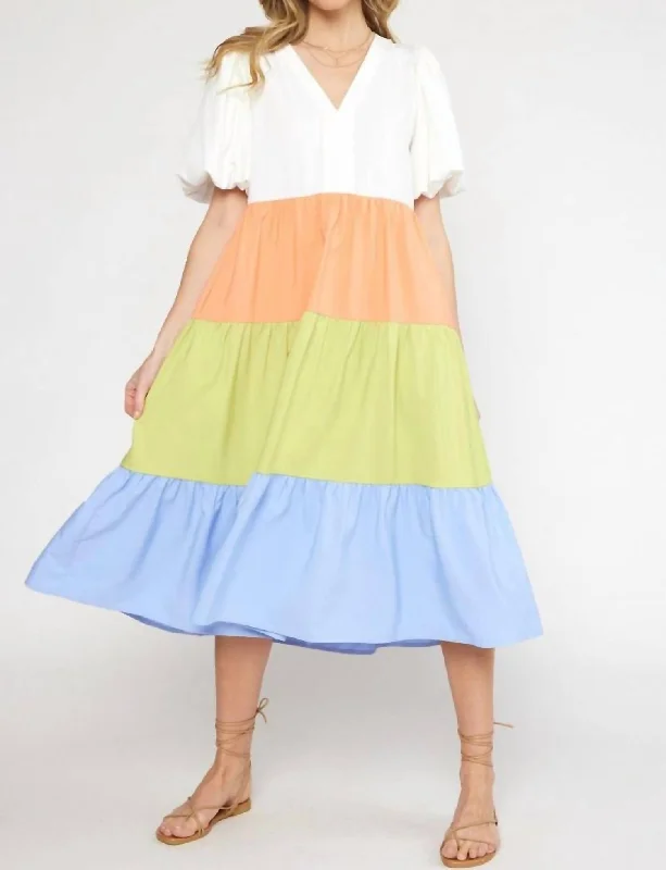 Deal Frenzy The Encanto Tiered Color Block Midi Dress In Off White Combo
