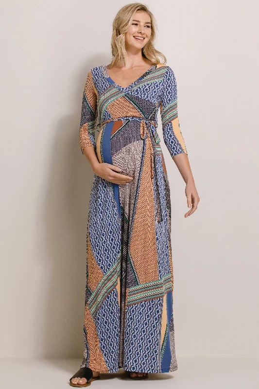 Deal Frenzy Geo Print Maternity/Nurisng Wrap Maxi Dress
