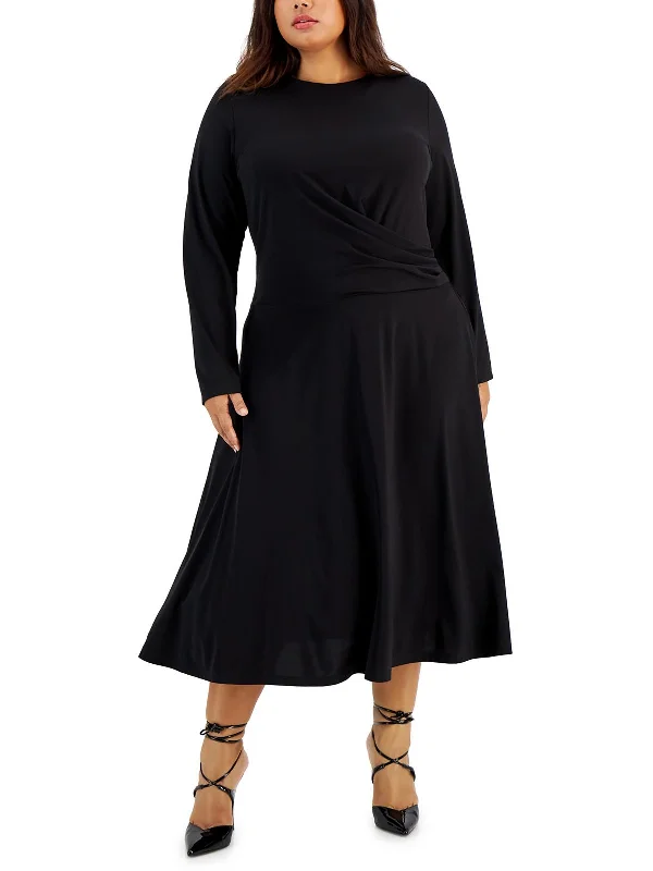 Hurry In Plus Womens Gathered A-Line Midi Dress