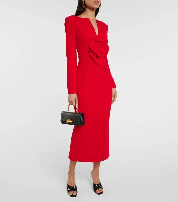 Fantastic Offers Floral Appliqué Wool Crepe Midi Dress In Red