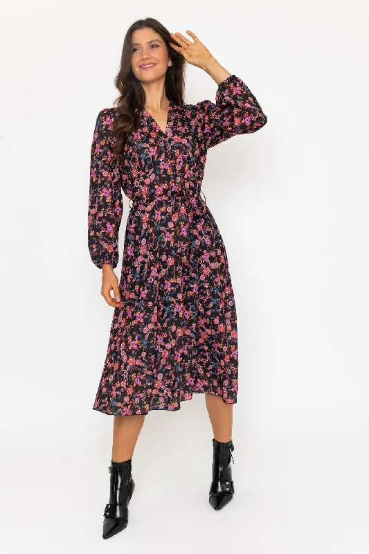 Instant Savings Black & Pink Floral Print Sinead Midi Dress