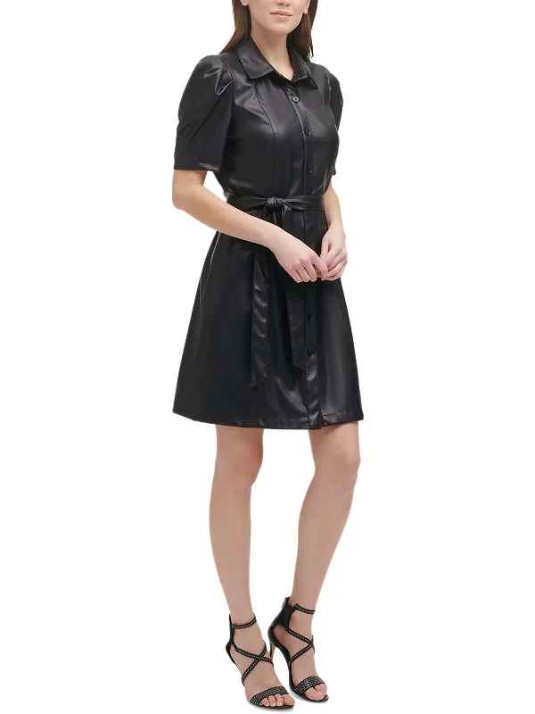 Don't Wait Petites Womens Faux Leather Belted Shirtdress