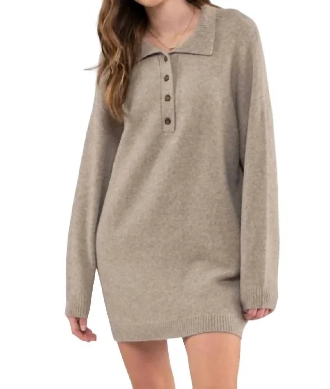 Best Bargains Collared Drop Shoulder Sweater Dress In Taupe