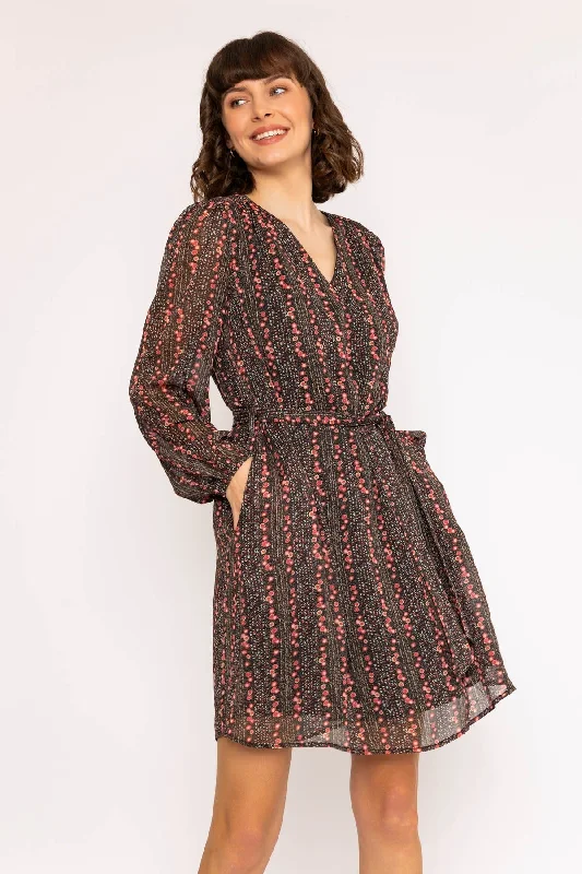 Fantastic Deals Long Sleeves Black Floral Chiffon Midi Dress with Lurex