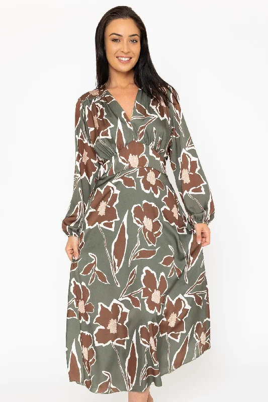 Overstock Sale Long Sleeve Cliodhna Midi Dress Sateen Khaki Print