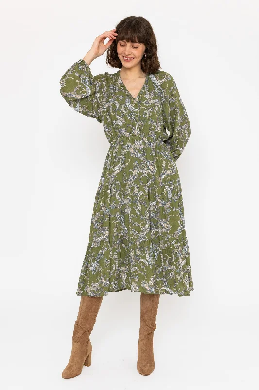 Deal Explosion Long Sleeve Green Print Valentina Midi Dress
