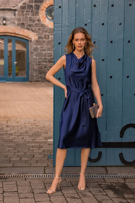 Unmissable Offer Navy Satin Cowl Neck Dress