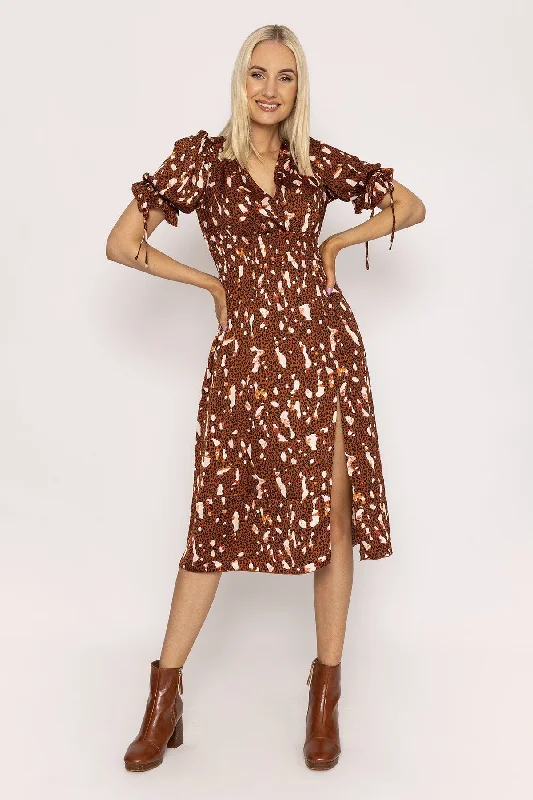 Limited Quantity Wrap Midi Dress in Brown
